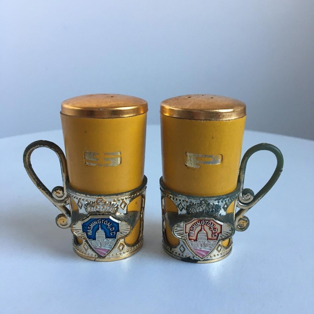 Vintage Washington DC Salt and Pepper Shakers with Holders, Yellow Decor